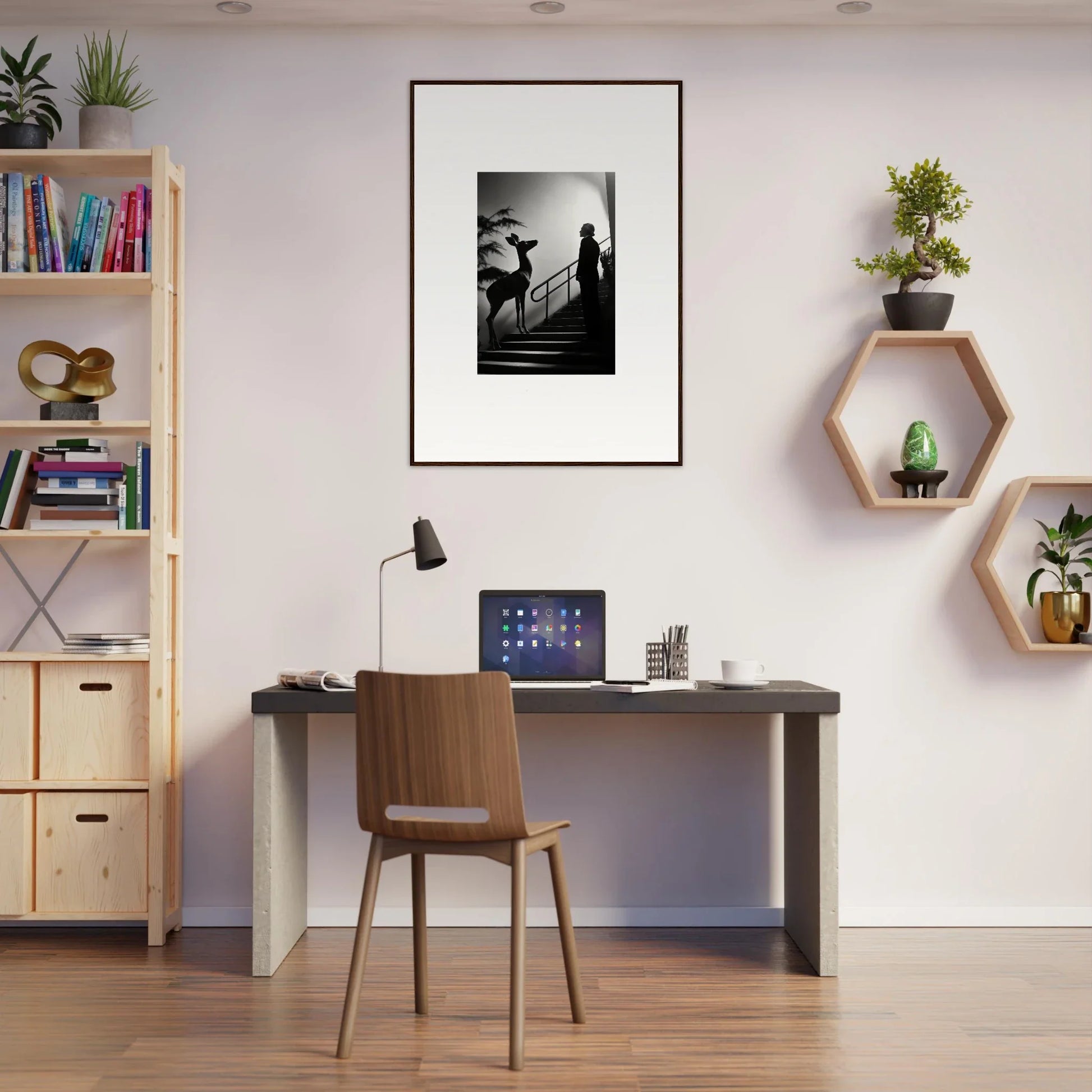 Modern home office workspace with a desk, chair, and decorative wall elements.