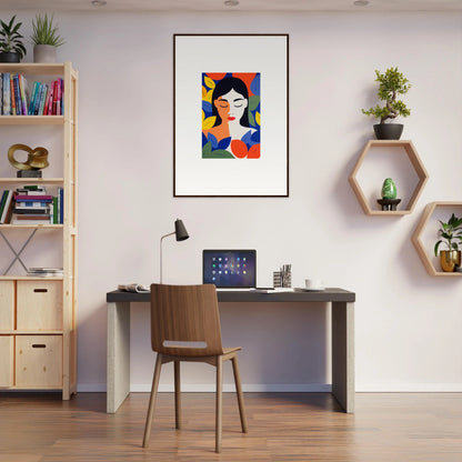 Modern home office with stylish desk, chair, and colorful framed wall art decor