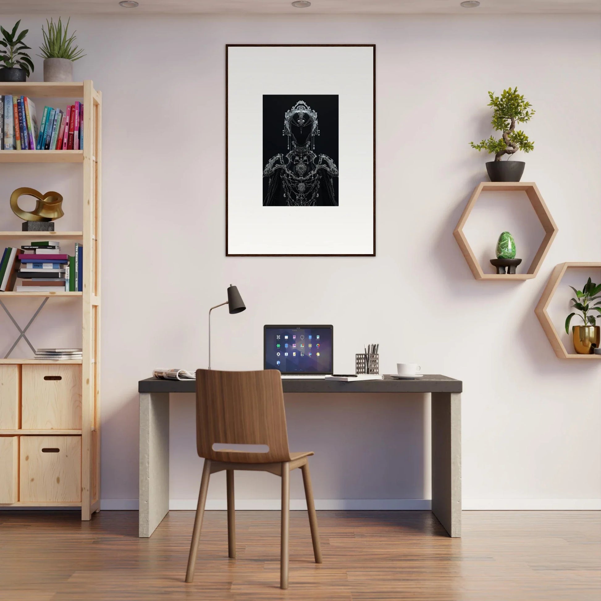 Modern home office with desk, chair, framed wall art, and sleek Room Decor