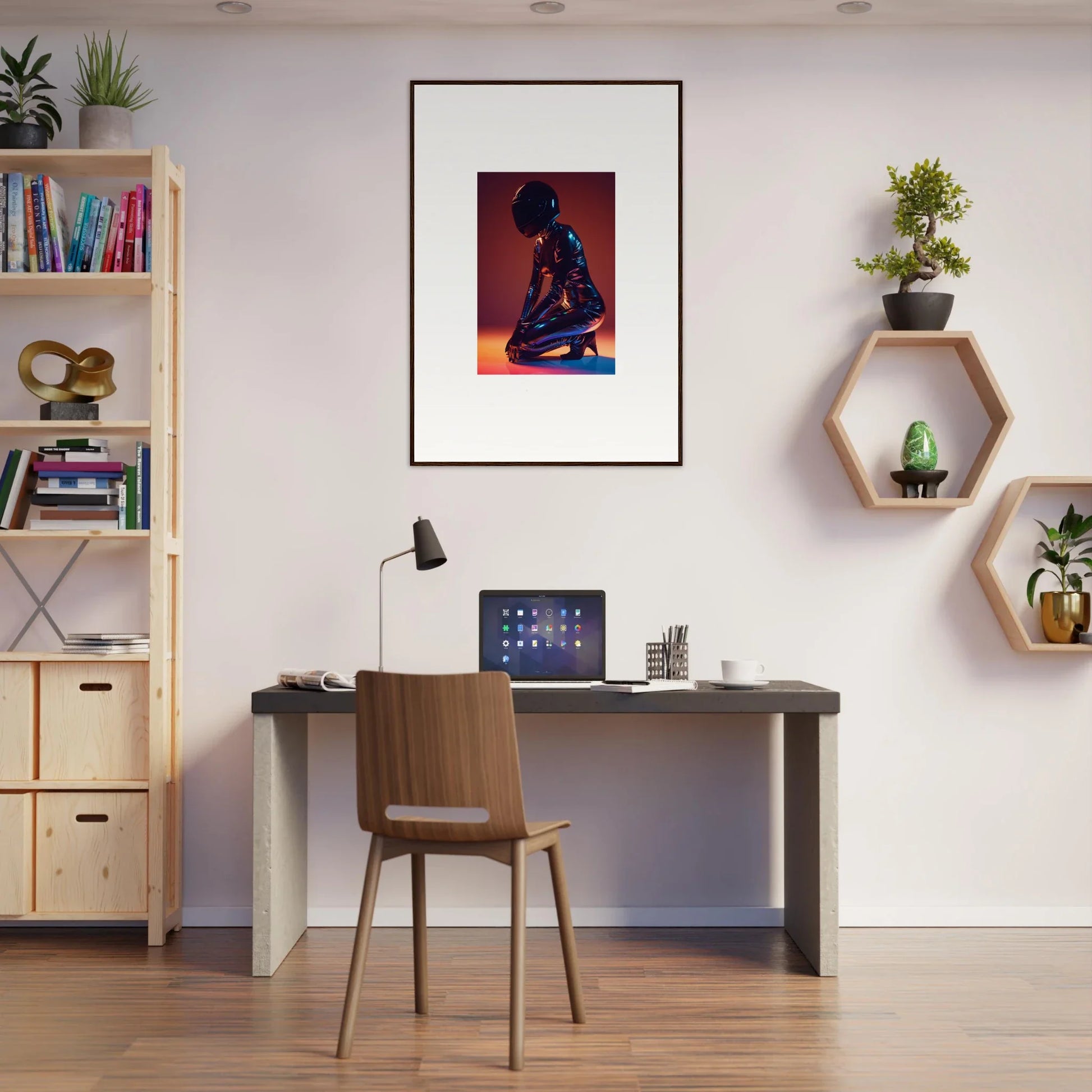 Modern home office with desk, chair, and Night Oracle framed wall art decor