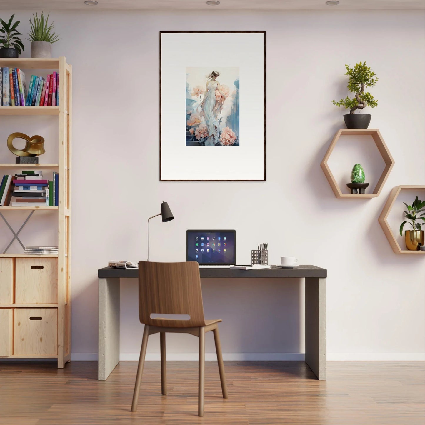 Modern home office with floral ballet-themed decor and stylish wall art