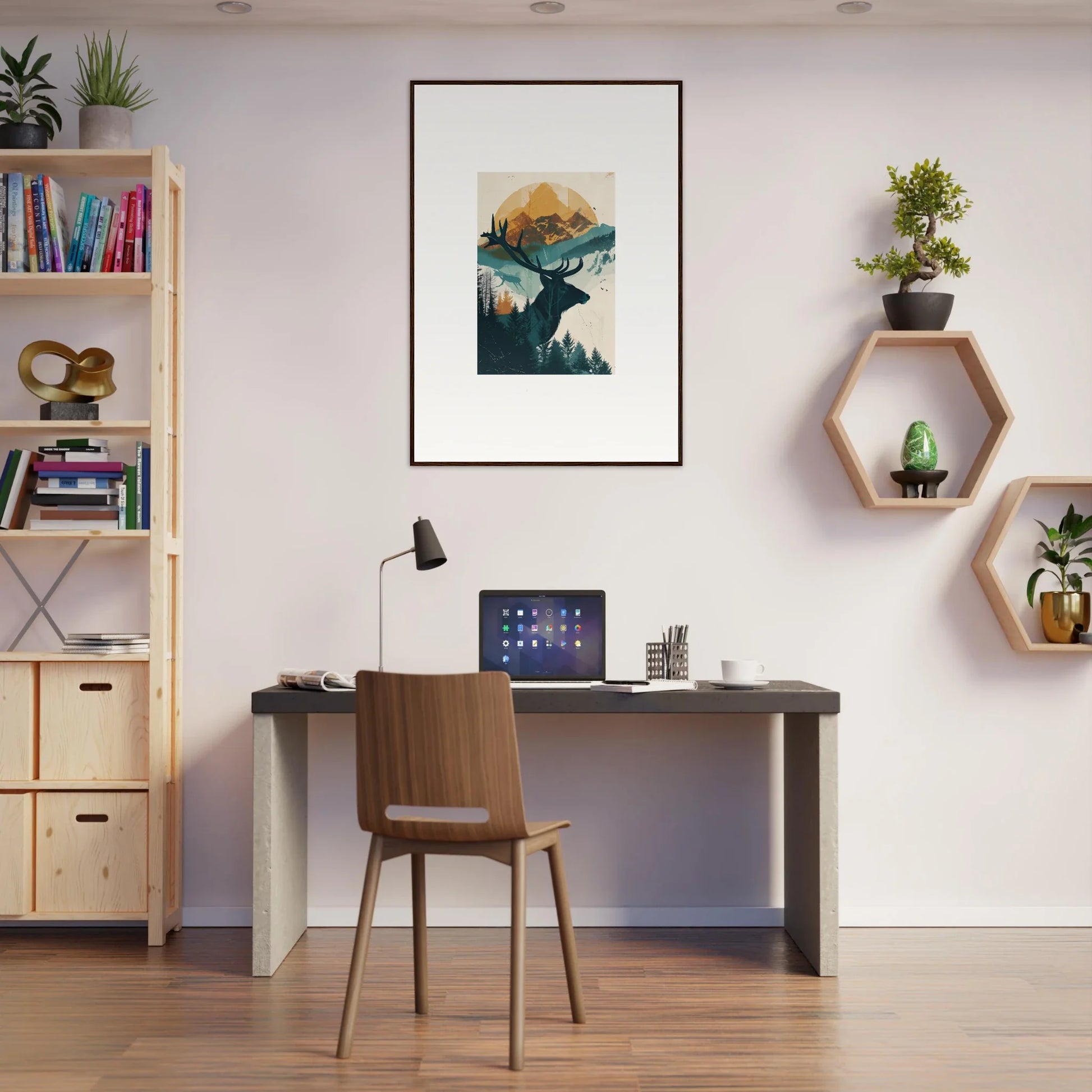 Modern home office featuring Reflection Solace, stylish desk, chair, and framed wall art