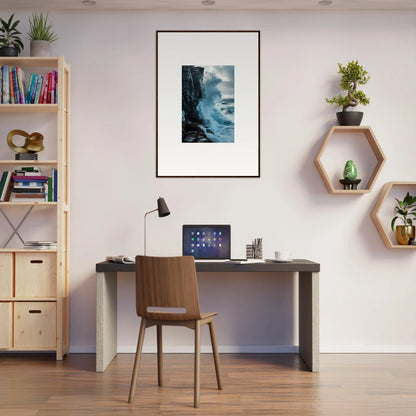 Modern home office with desk, chair, and decorative shelves featuring baptism translation art