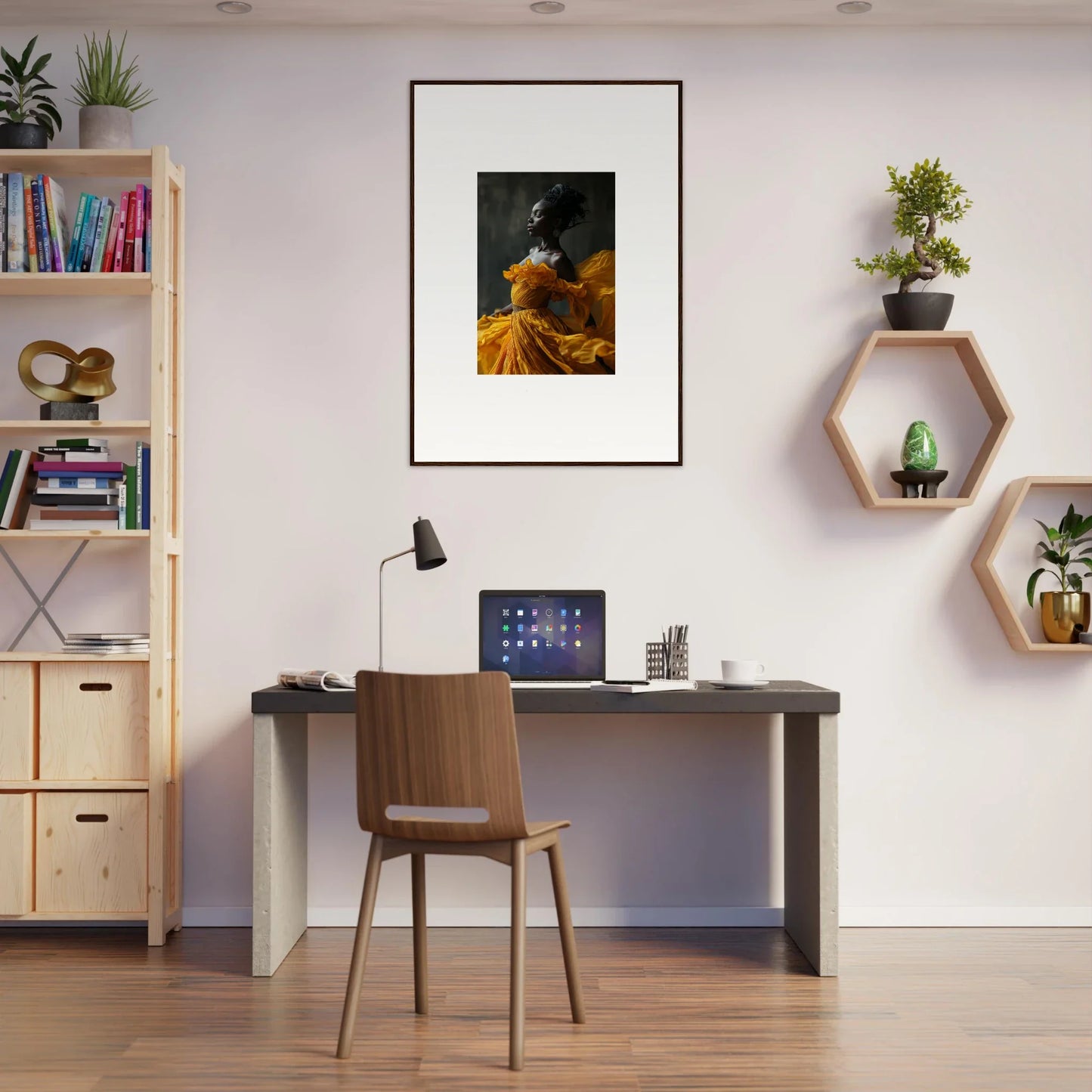 Modern home office with desk, chair, and Silence Rapture framed wall art decor