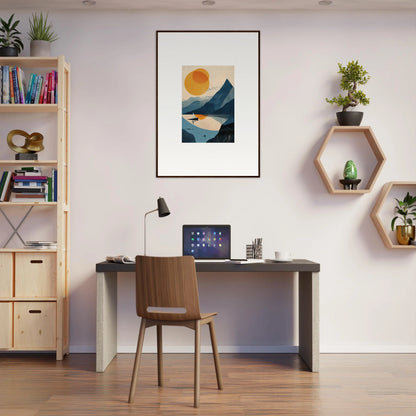 Modern home office workspace with desk, chair, and framed wall art for stylish room decor