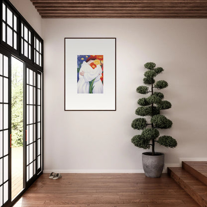 Modern room decor with framed wall art and sculpted topiary plant design