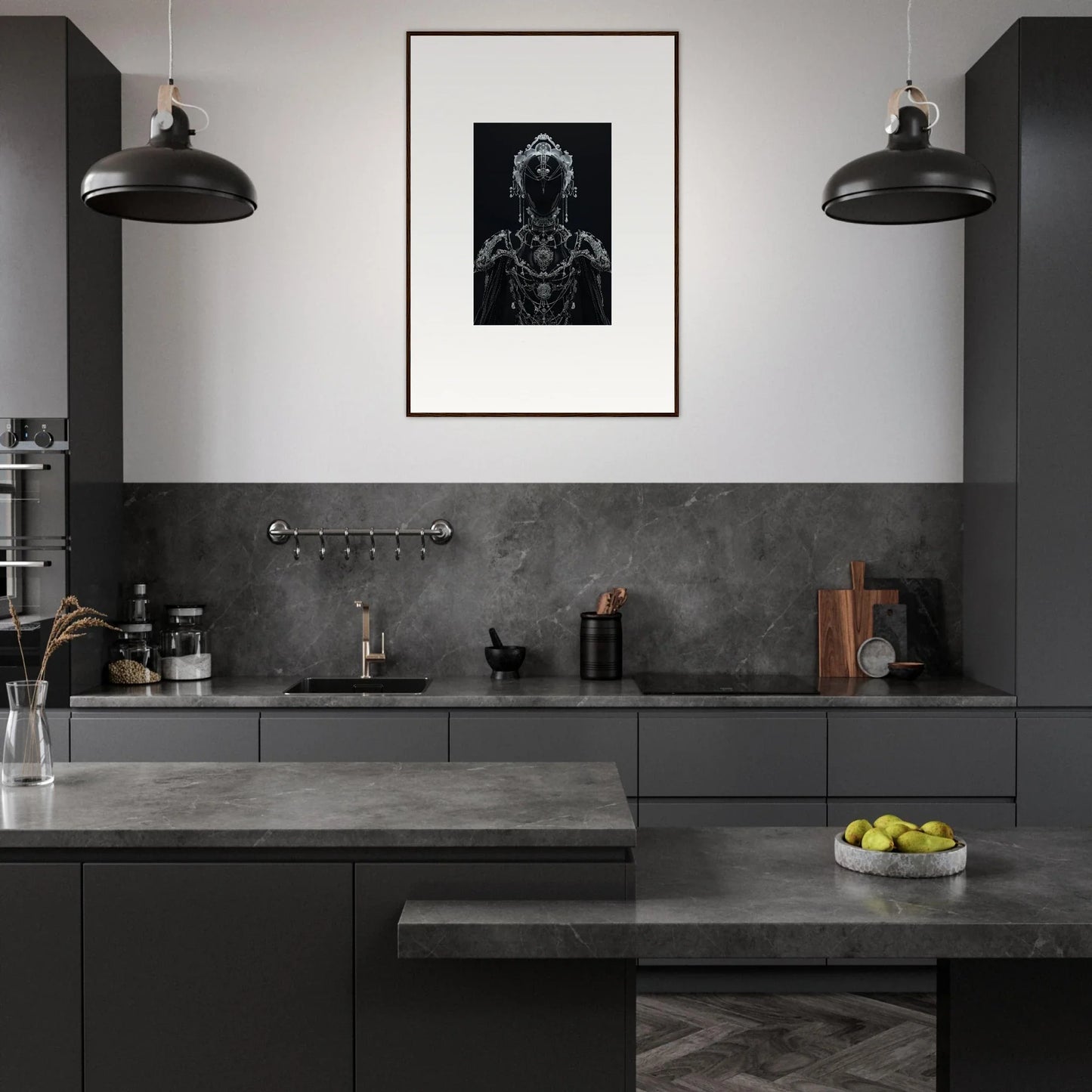 Modern kitchen with dark cabinetry and framed wall art for stylish room decor