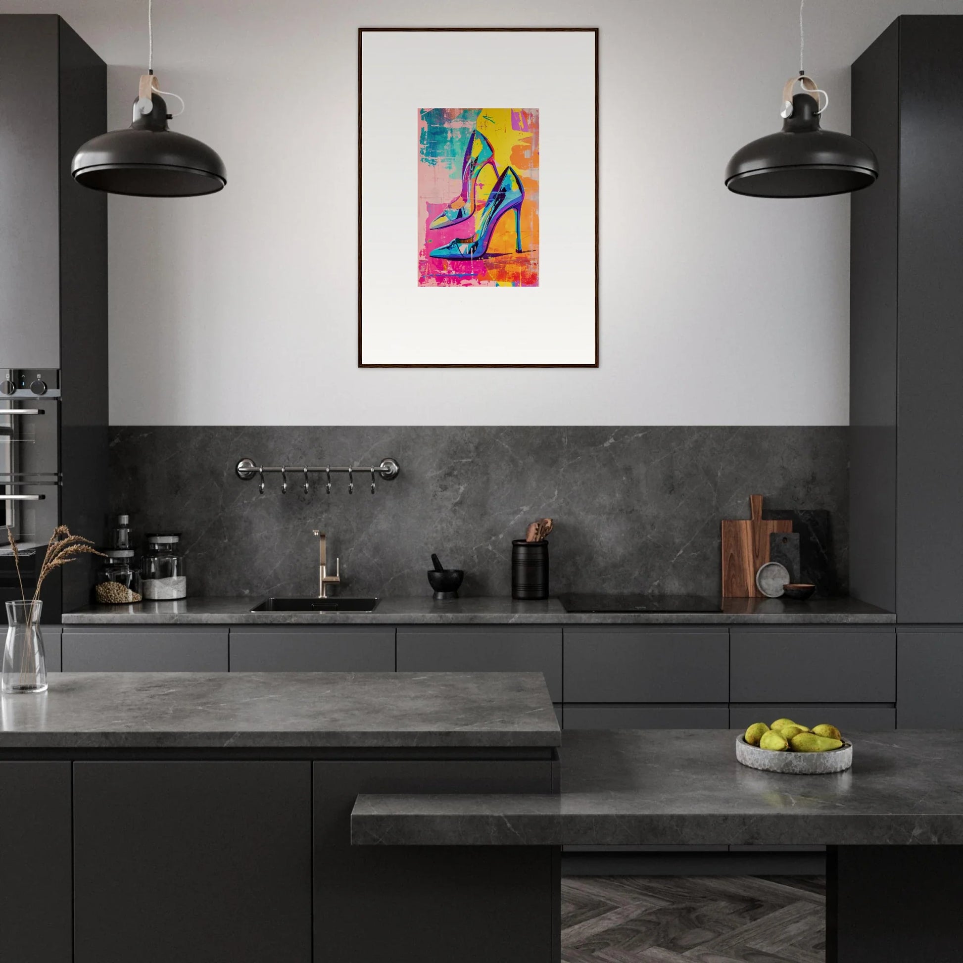 Modern kitchen with dark cabinetry and Heels Reverie framed wall art as room decor