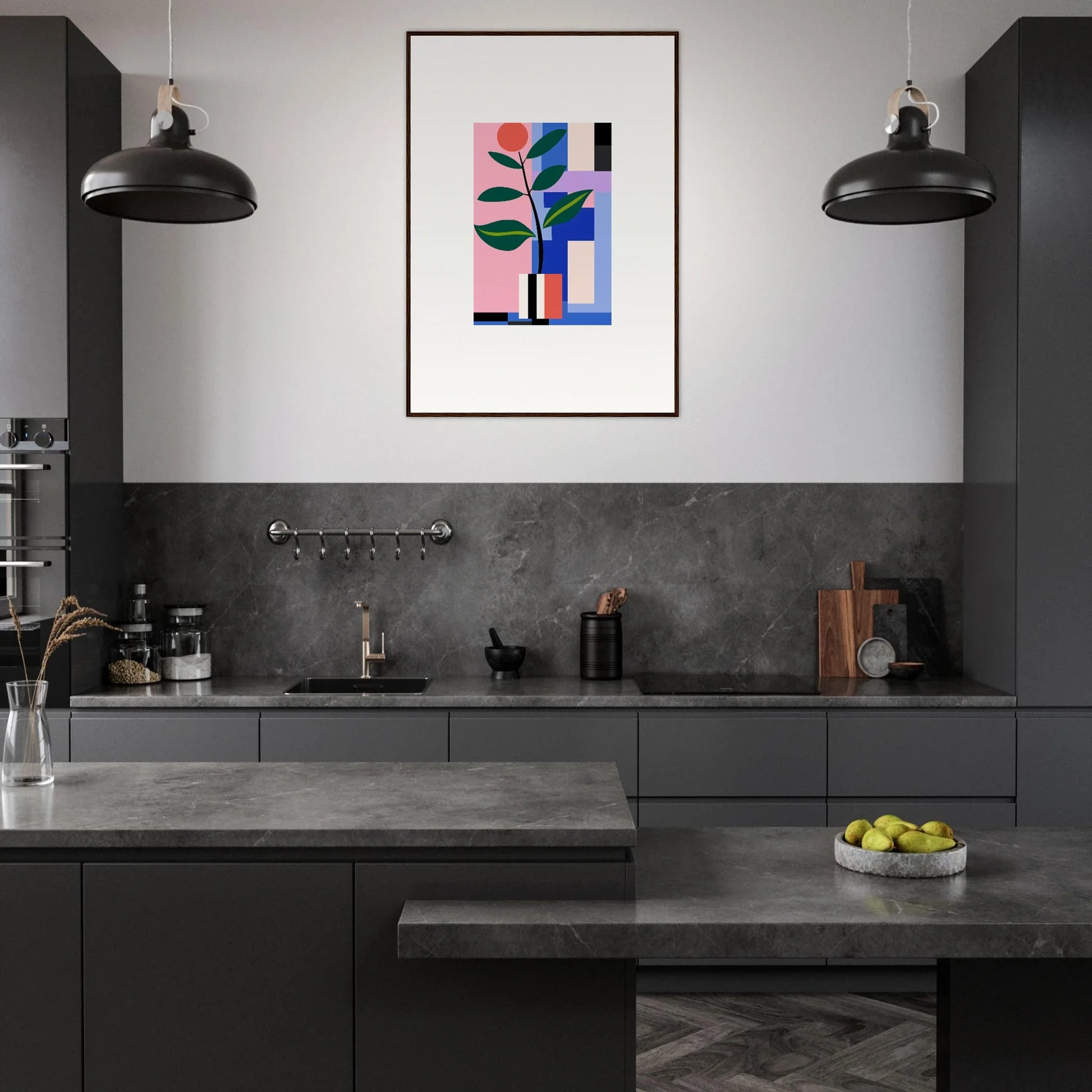 Modern kitchen with dark cabinetry and Blooms Ballet framed wall art for stylish room decor