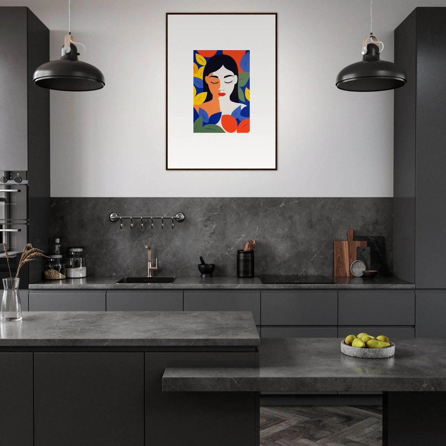 Modern kitchen featuring dark cabinetry and colorful framed wall art as focal point