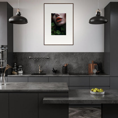 Modern kitchen with dark cabinetry, concrete countertops, and Leaf Symphony wall art