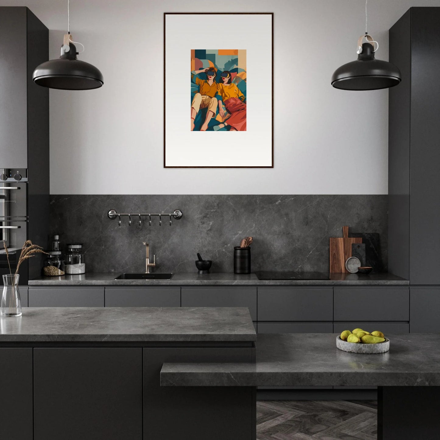 Modern kitchen featuring dark cabinetry, concrete countertops, and Matrix Enigma wall art