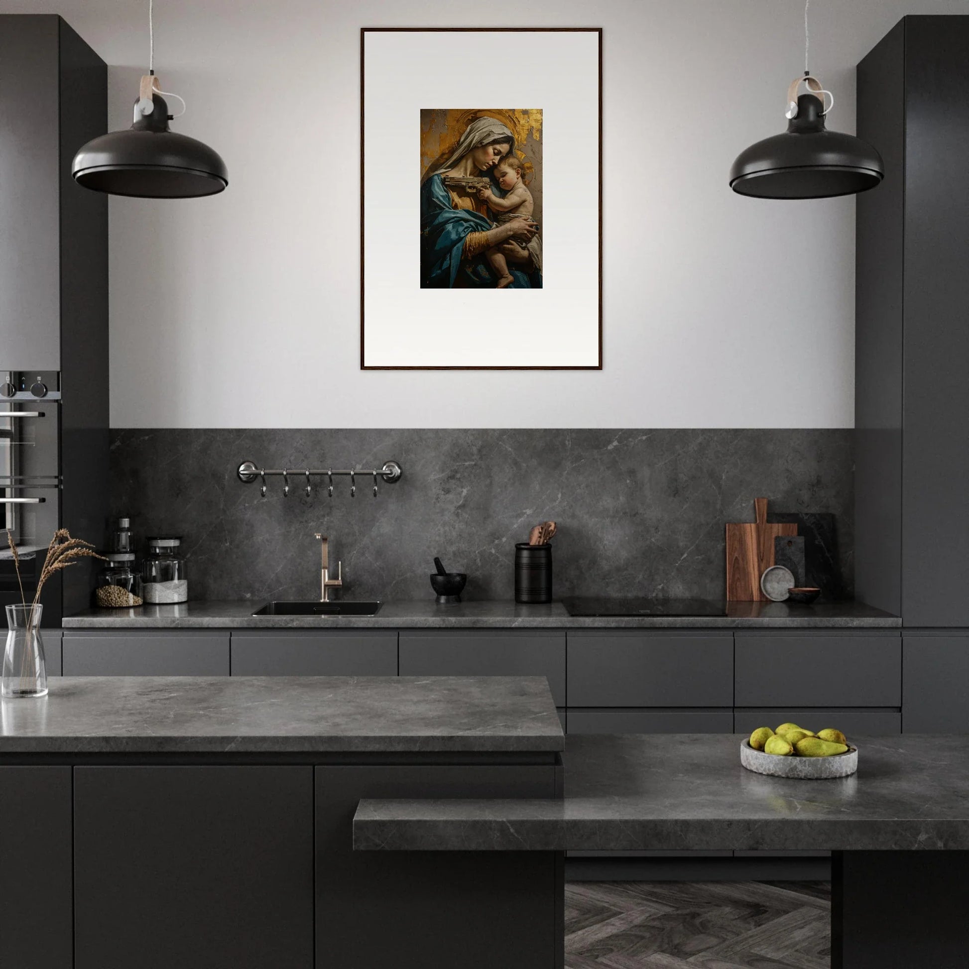 Modern kitchen with dark cabinetry, concrete countertops, and Framed Wall Art for Saints Harmony