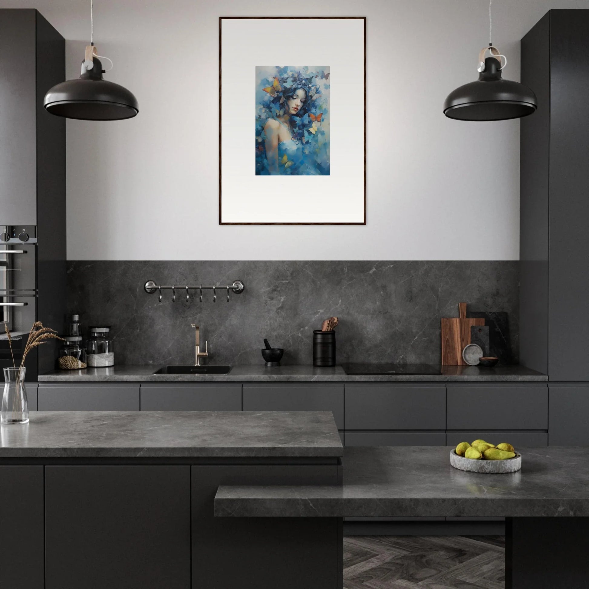 Modern kitchen with dark cabinetry, concrete countertops, and framed wall art for dream rhapsody