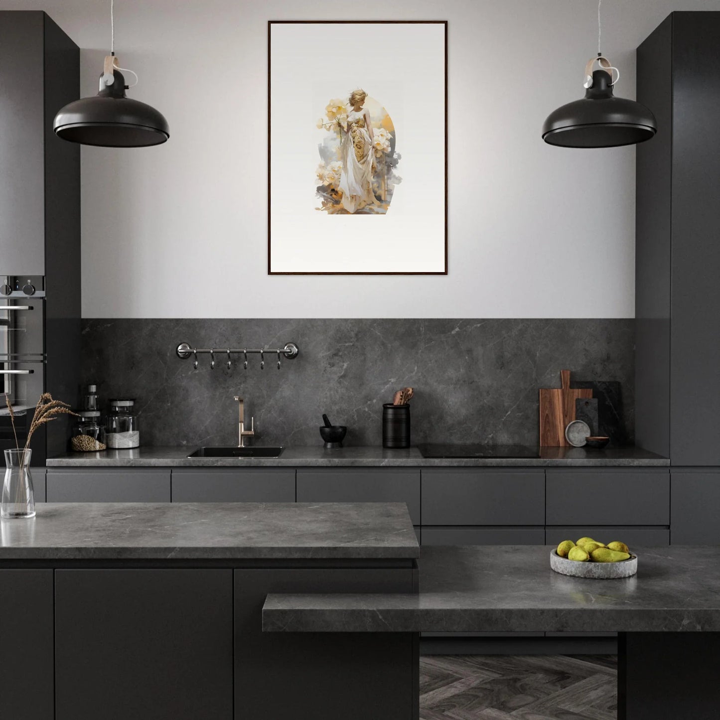 Modern kitchen with dark cabinetry and framed wall art, perfect for Blossom Dream decor