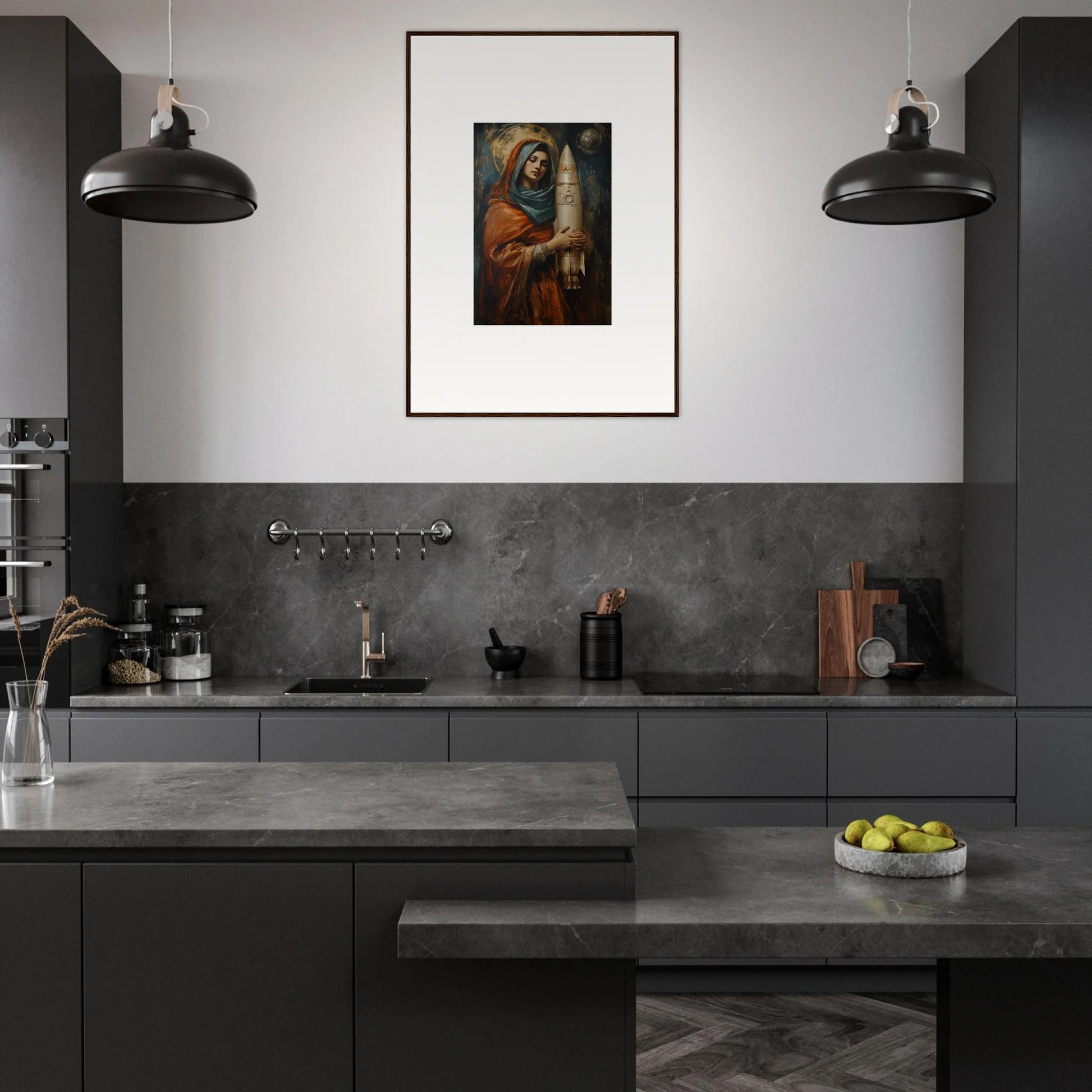 Modern kitchen with dark cabinetry and framed wall art for stylish room decor in Quantum Atelier