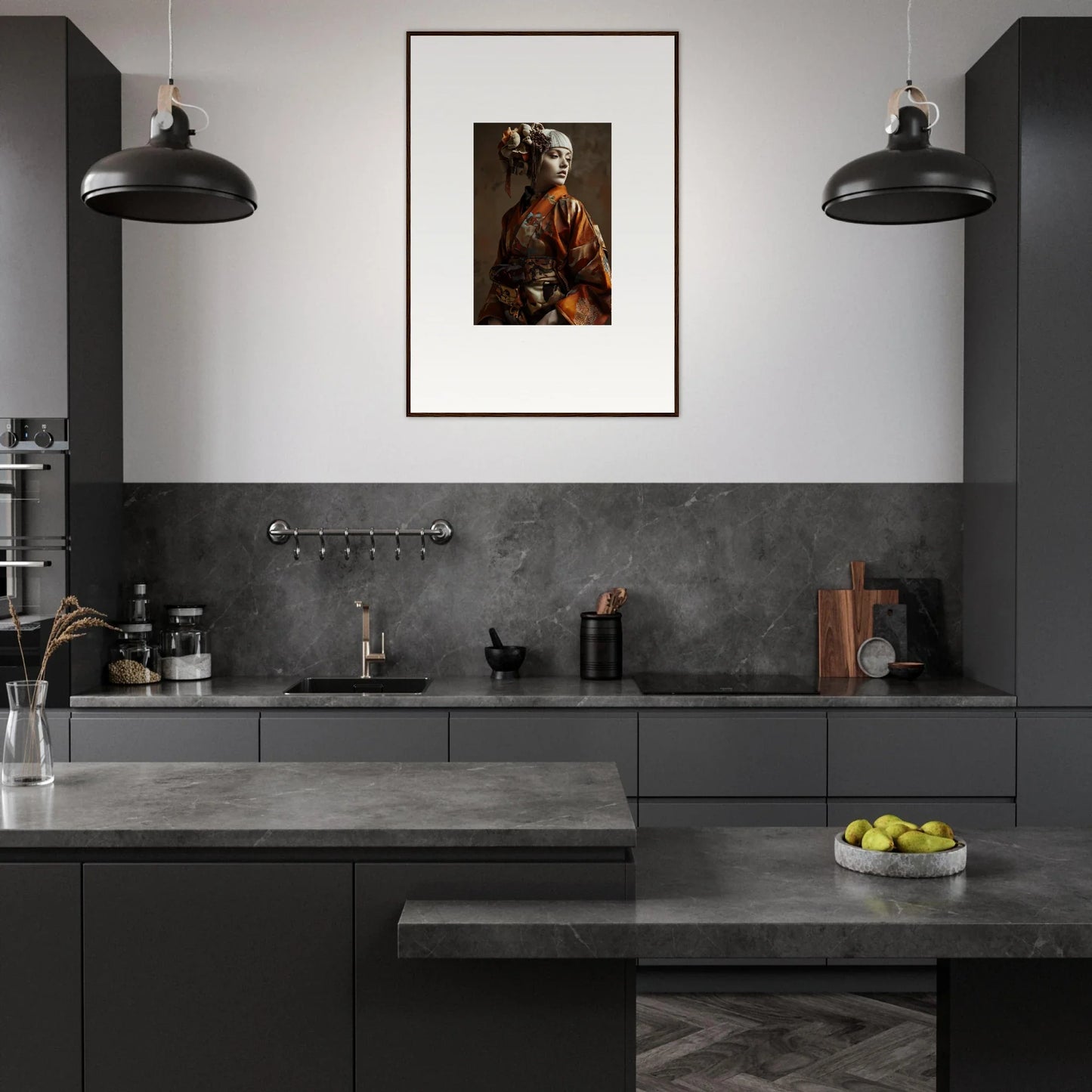 Modern kitchen featuring dark cabinetry and framed wall art with shadows whispering