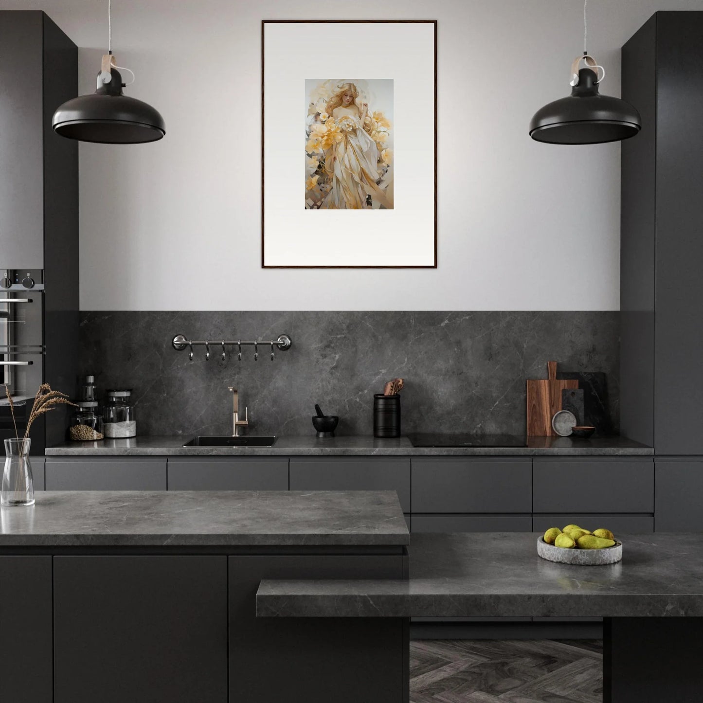 Modern kitchen with dark cabinetry and framed wall art, showcasing Blossom Sway decor