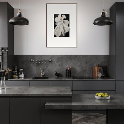 Modern kitchen with dark gray cabinetry and Framed Wall Art featuring Canvas Waves