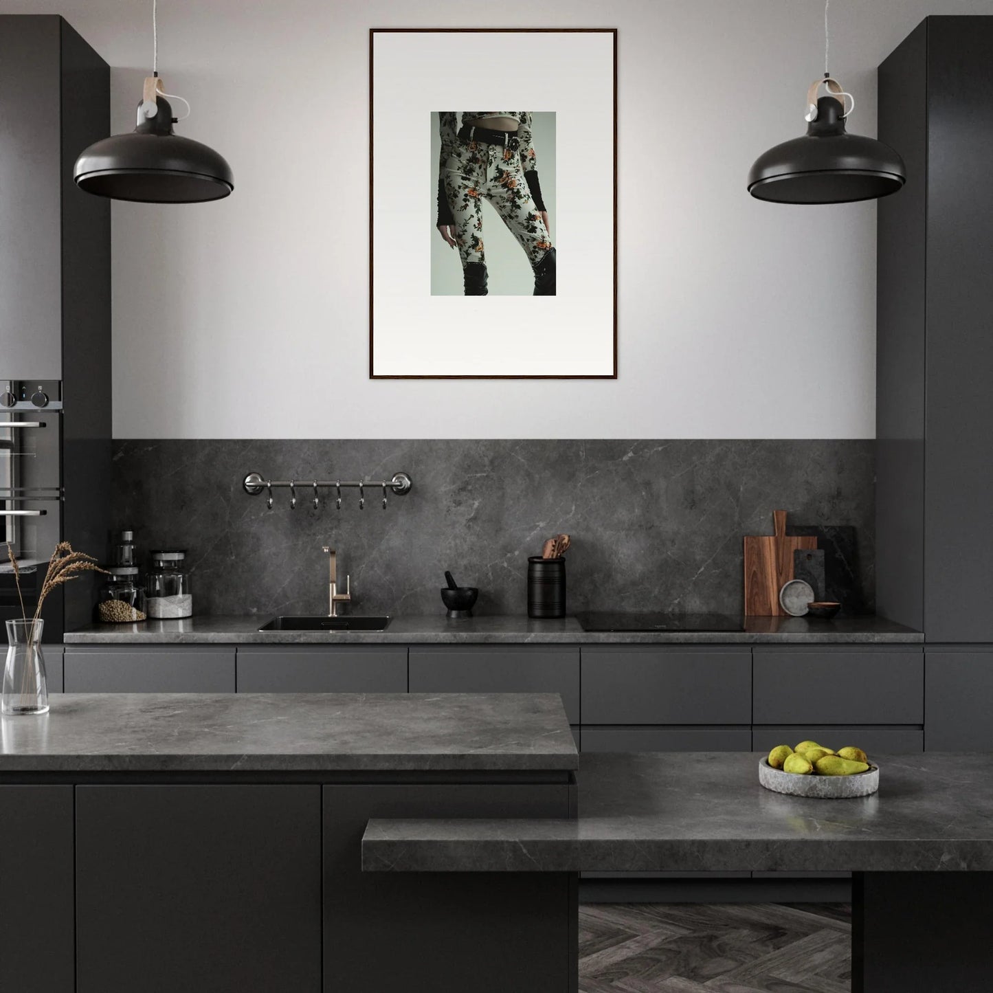 Modern kitchen with dark gray cabinetry, pendant lights, and framed wall art for garden couture