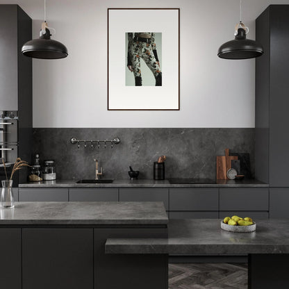 Modern kitchen with dark gray cabinetry, pendant lights, and framed wall art for garden couture