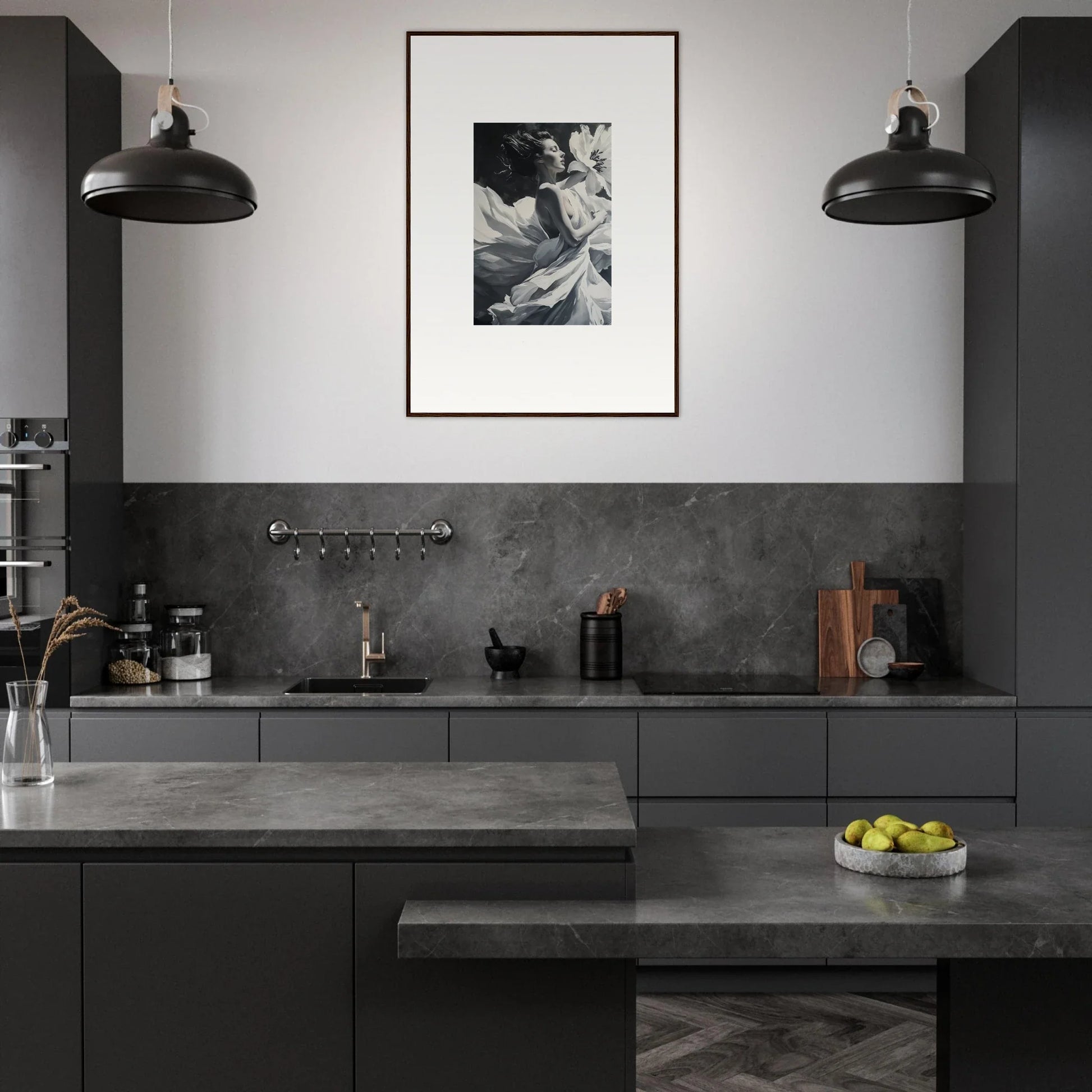 Modern kitchen with dark gray cabinetry, pendant lights, and framed wall art for Blush Reverie