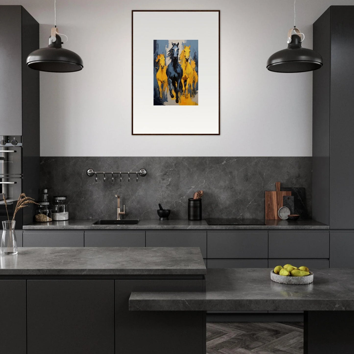 Modern kitchen with dark gray cabinetry and colorful framed wall art, Mustsers Stampede