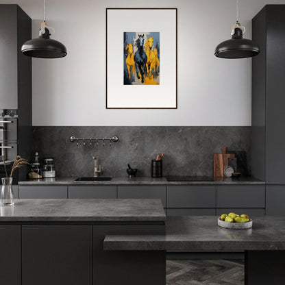 Modern kitchen with dark gray cabinetry and colorful framed wall art, Mustsers Stampede