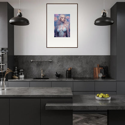 Modern kitchen with dark cabinetry and petal vapor framed wall art for stylish room decor