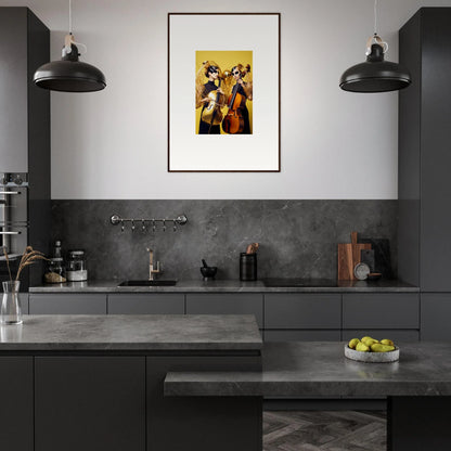 Modern kitchen with dark cabinetry, gray countertops, and framed wall art for dive illusions