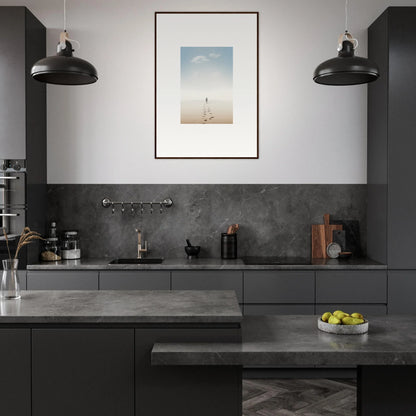 Modern kitchen with dark gray cabinetry, entwined nostalgia in stylish room decor