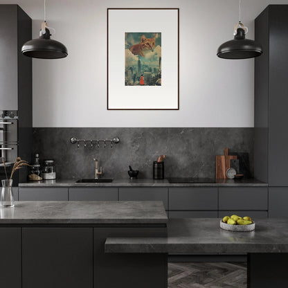 Modern kitchen with dark gray cabinetry, pendant lights, and Cloud Ascent wall art