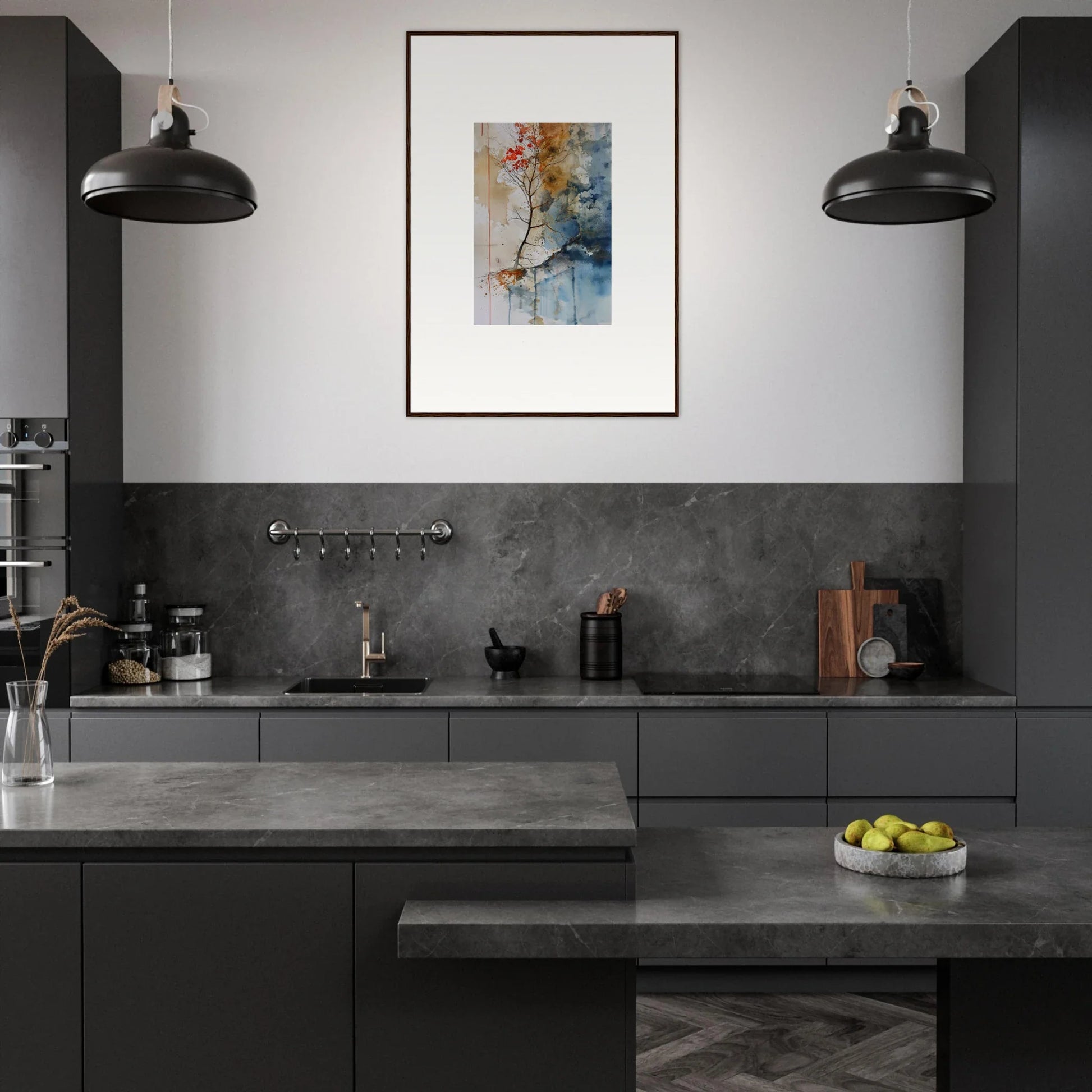 Modern kitchen with dark gray cabinetry, Spectrum Spoon, pendant lights, and wall art