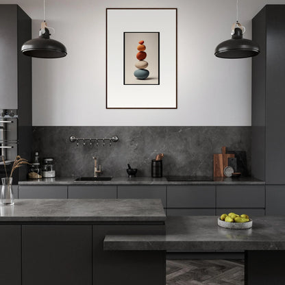 Modern kitchen featuring dark cabinetry and minimalist stone stack collage poetry art