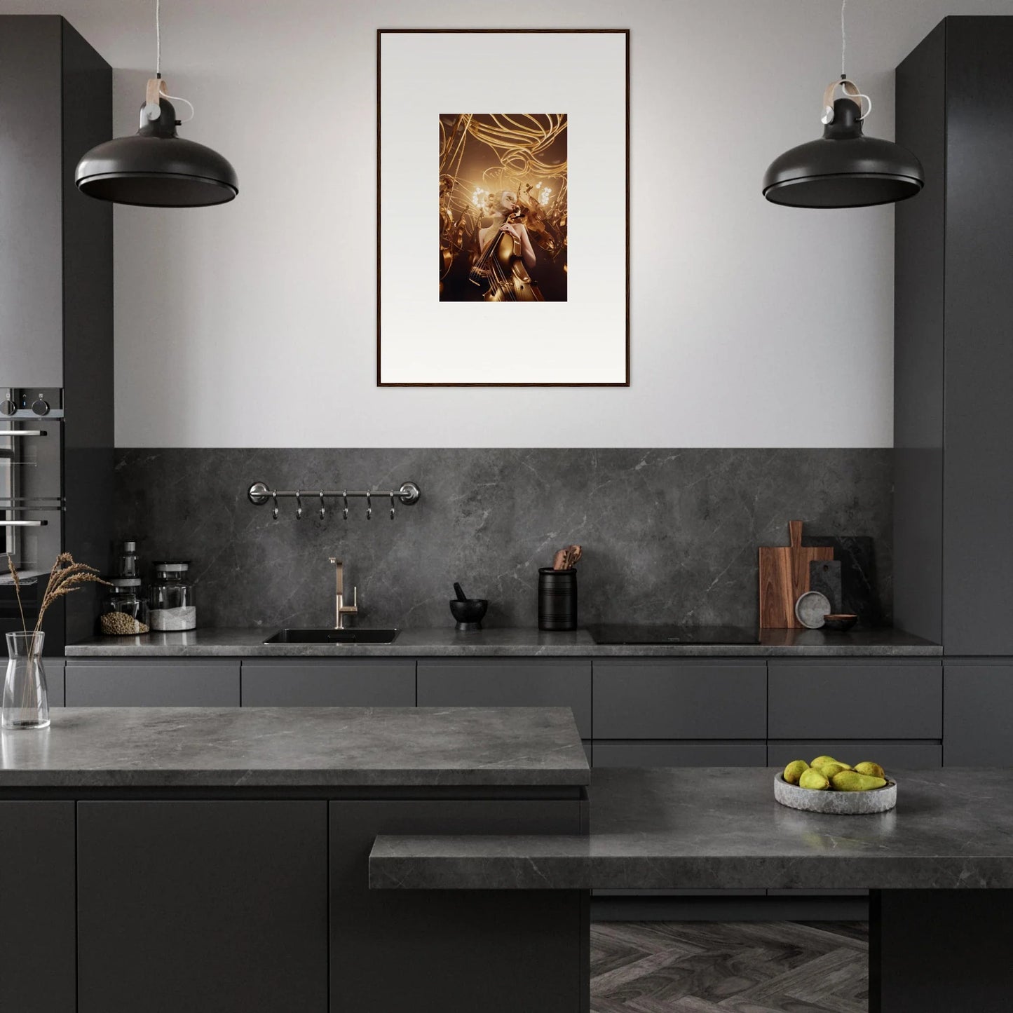 Modern kitchen with dark cabinetry, pendant lights, and framed wall art for harmony enigma