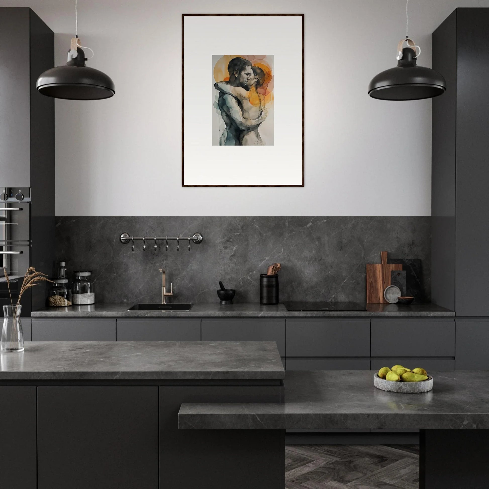 Modern kitchen featuring dark cabinetry, pendant lights, and framed wall art for room decor