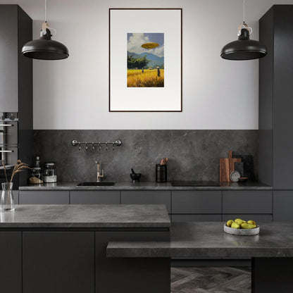 Modern kitchen with dark cabinetry, pendant lights, and Circles Kabuki framed wall art