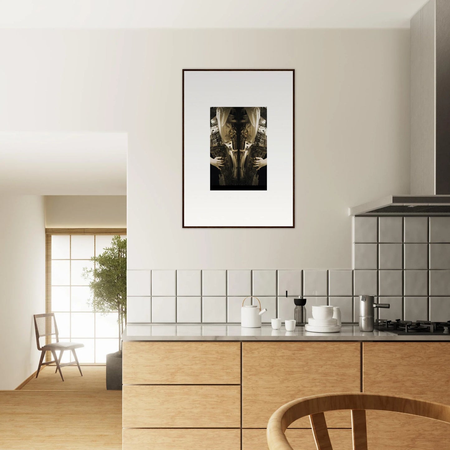 Modern kitchen with light wood cabinetry, white tiles, and elegant framed wall art