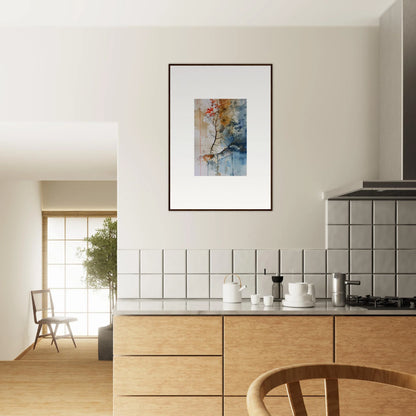 Modern kitchen featuring wooden cabinetry and framed wall art, perfect for room decor