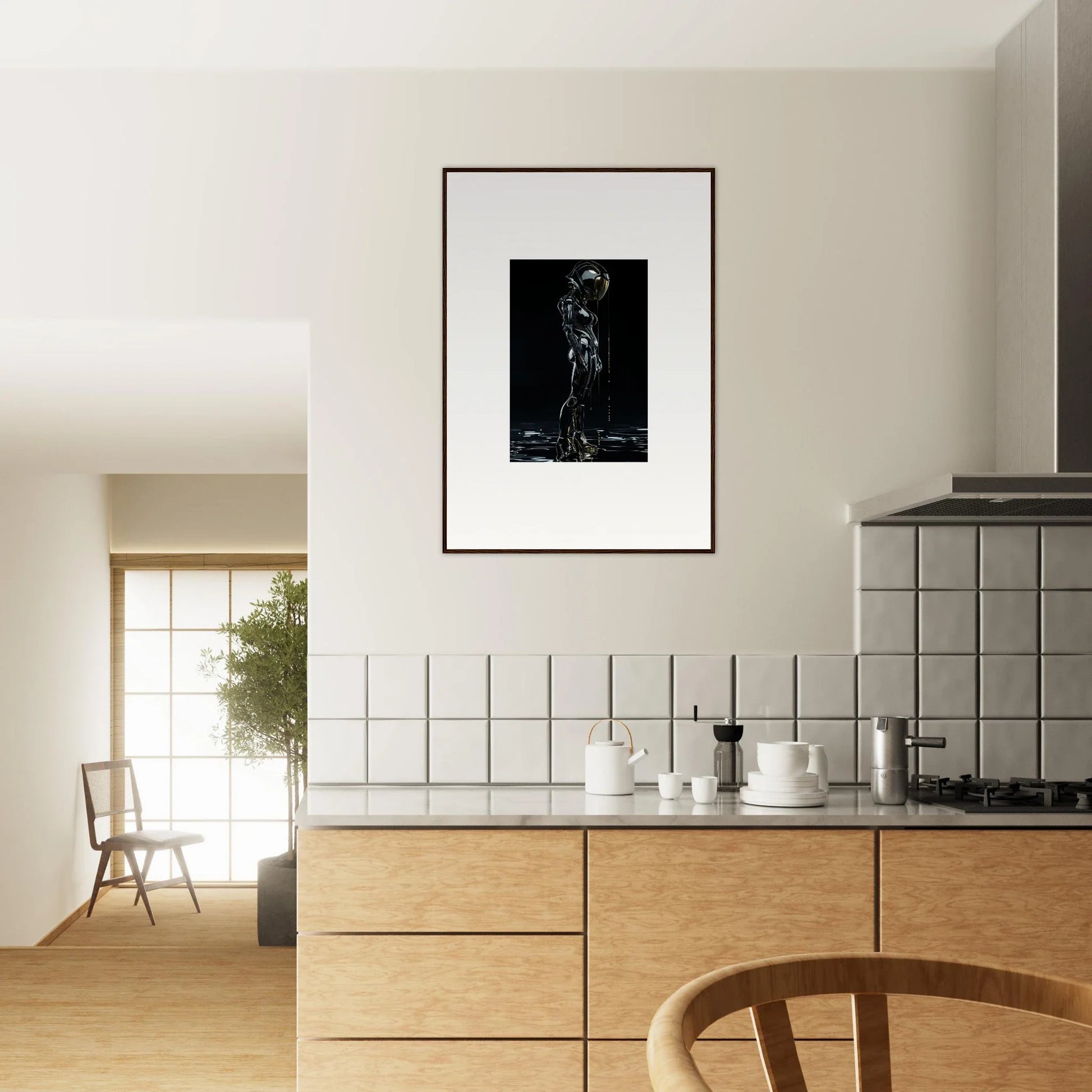 Modern kitchen featuring wooden cabinets, white tiled backsplash, and framed wall art