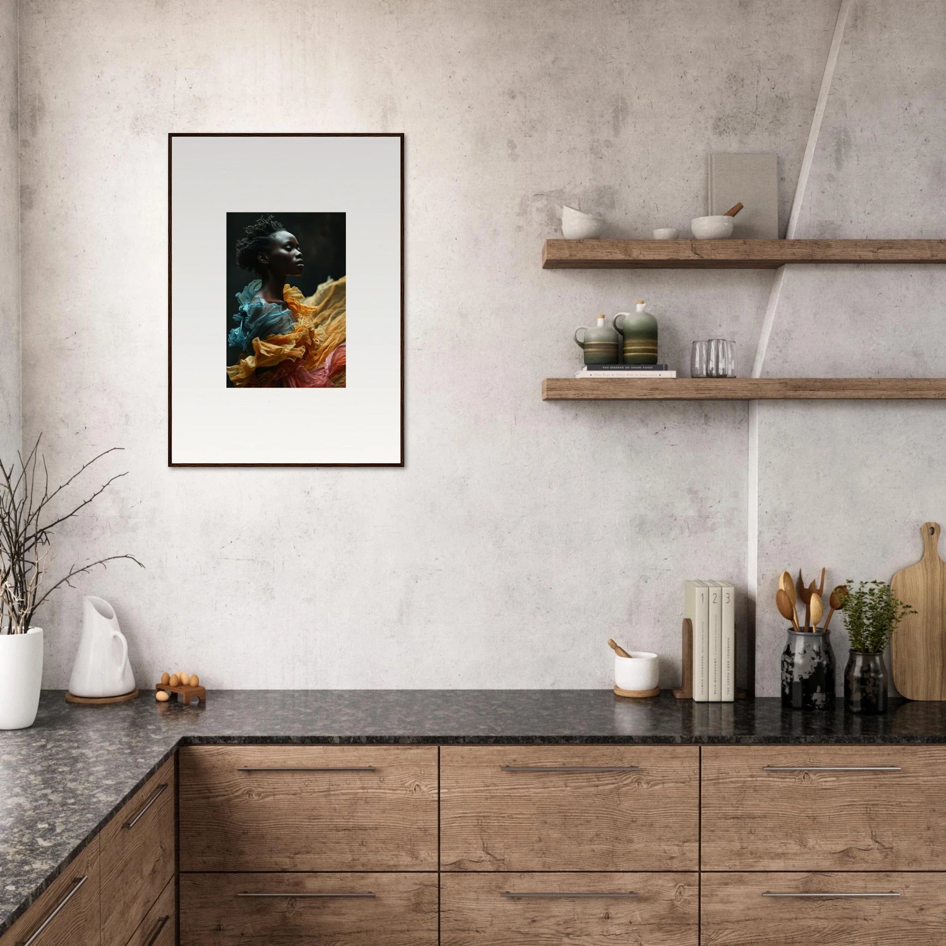 Modern kitchen with wooden cabinets, dark countertops, and open shelving featuring a framed abstract artwork.