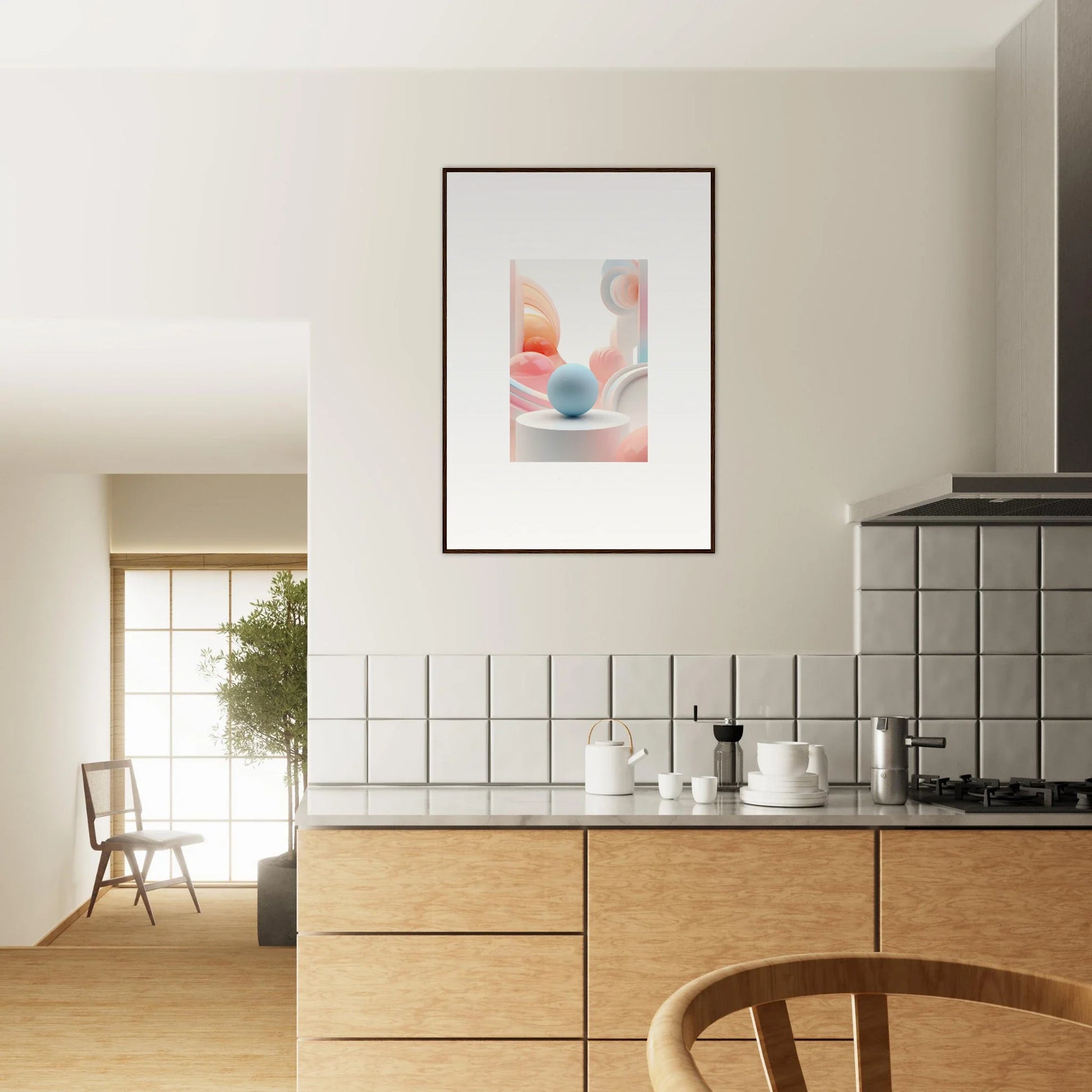 Modern kitchen with wooden cabinets and cosmic timeless framed wall art for stylish room decor