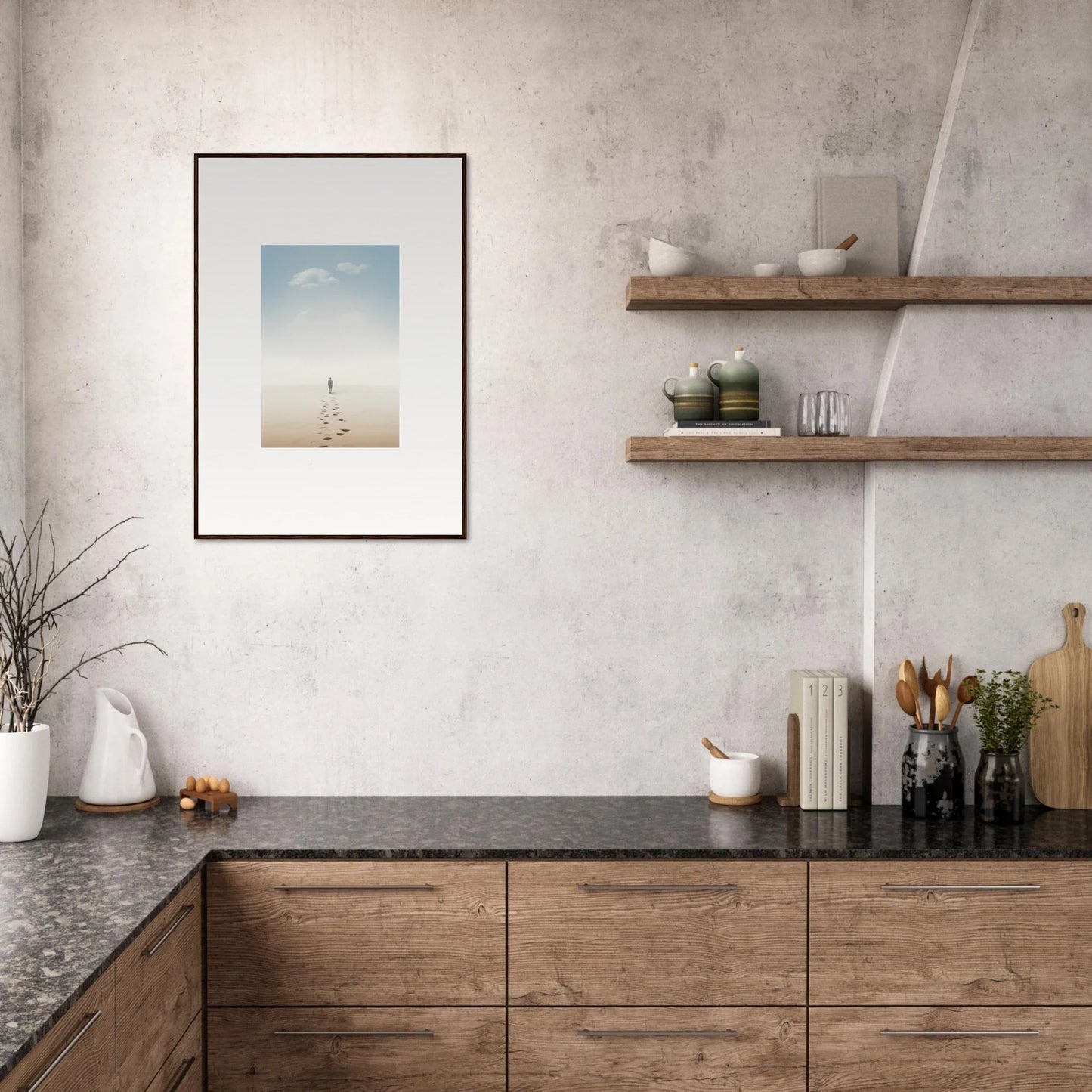 Modern kitchen with wooden cabinetry, dark countertops, and framed wall art, embodying entwined nostalgia