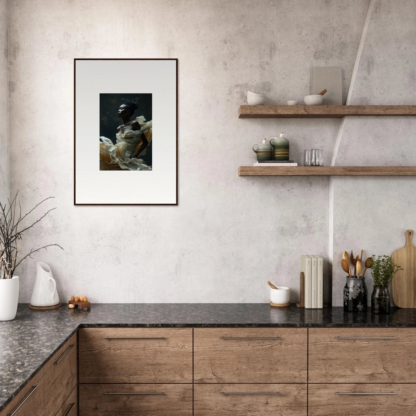 Modern kitchen with wooden cabinetry, dark countertops, and floating shelves.