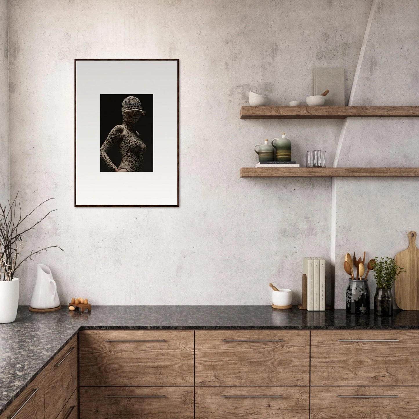 Modern kitchen with wooden cabinetry and open shelving.