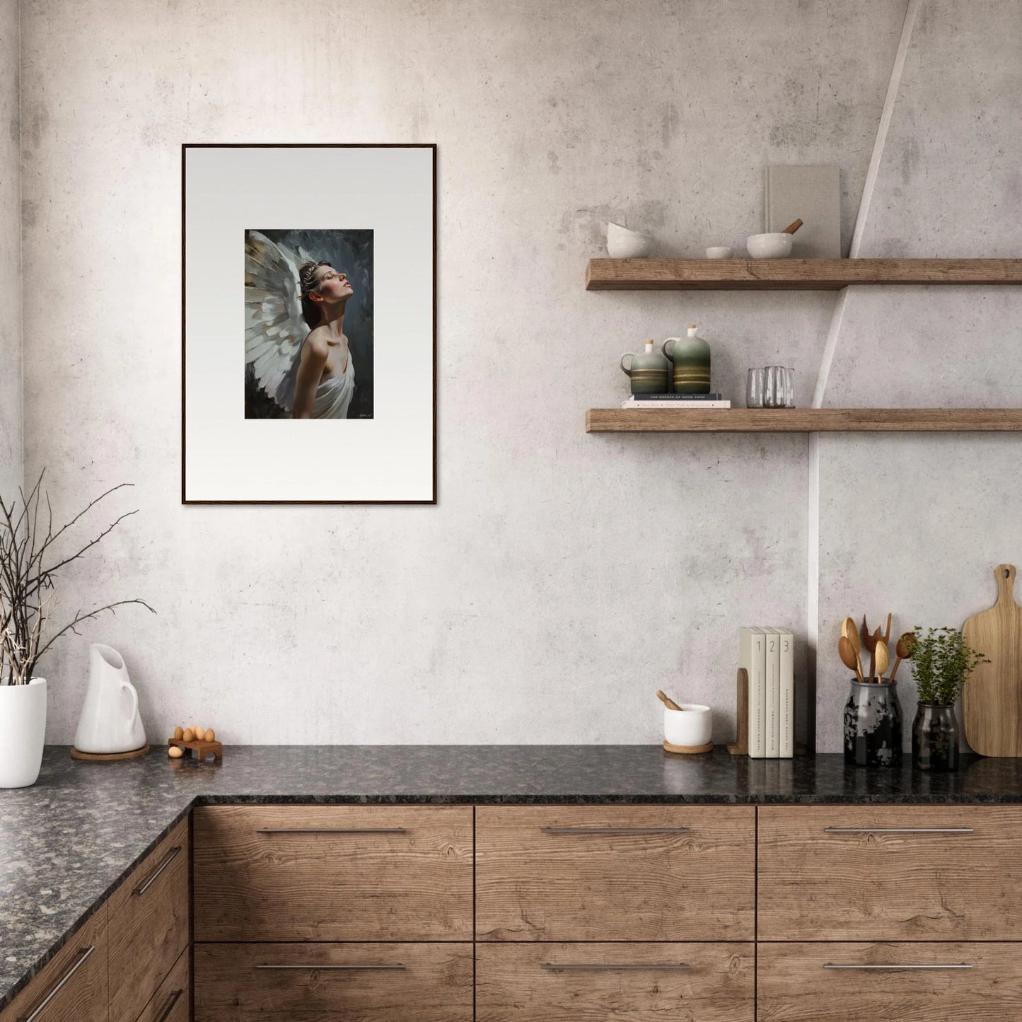 Modern kitchen featuring wooden cabinetry, open shelving, and framed wall art for light orchard inspiration