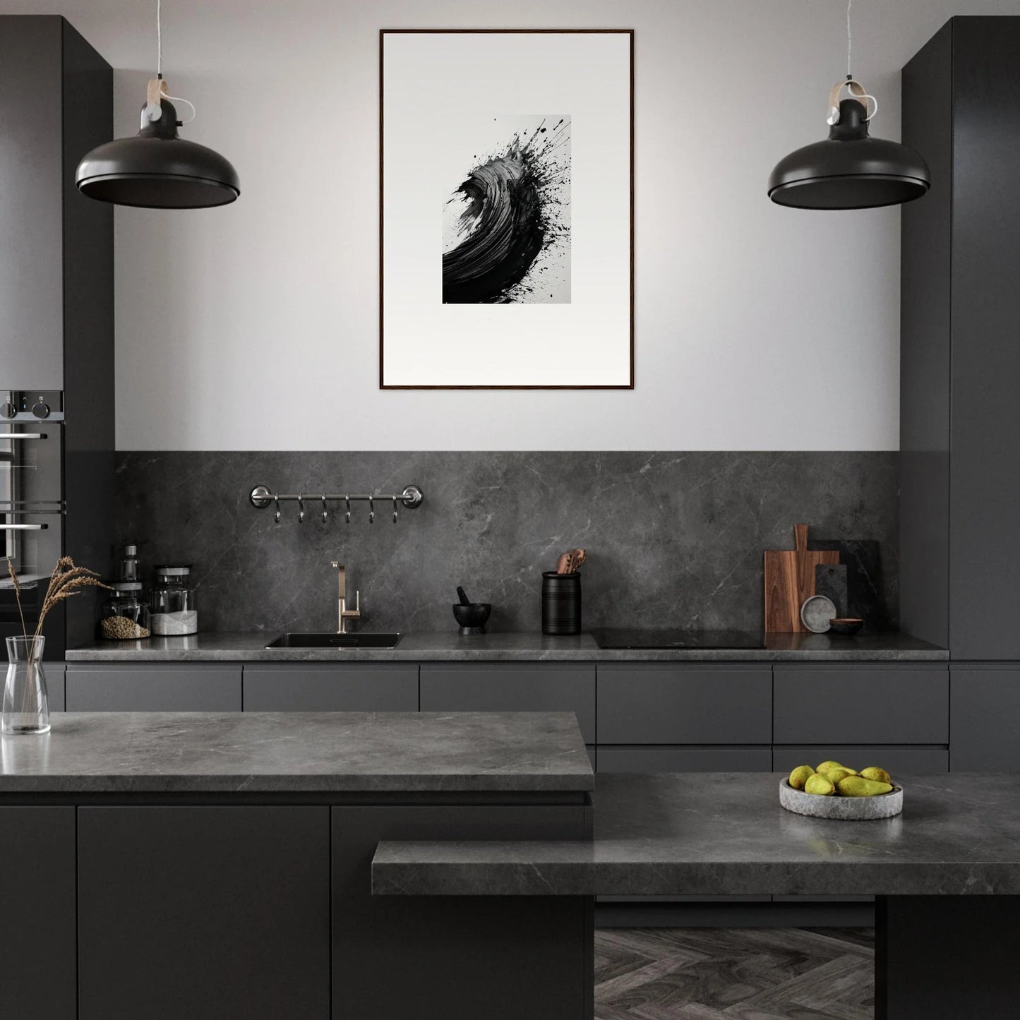 Modern monochromatic kitchen featuring sleek cabinetry and framed wall art decor