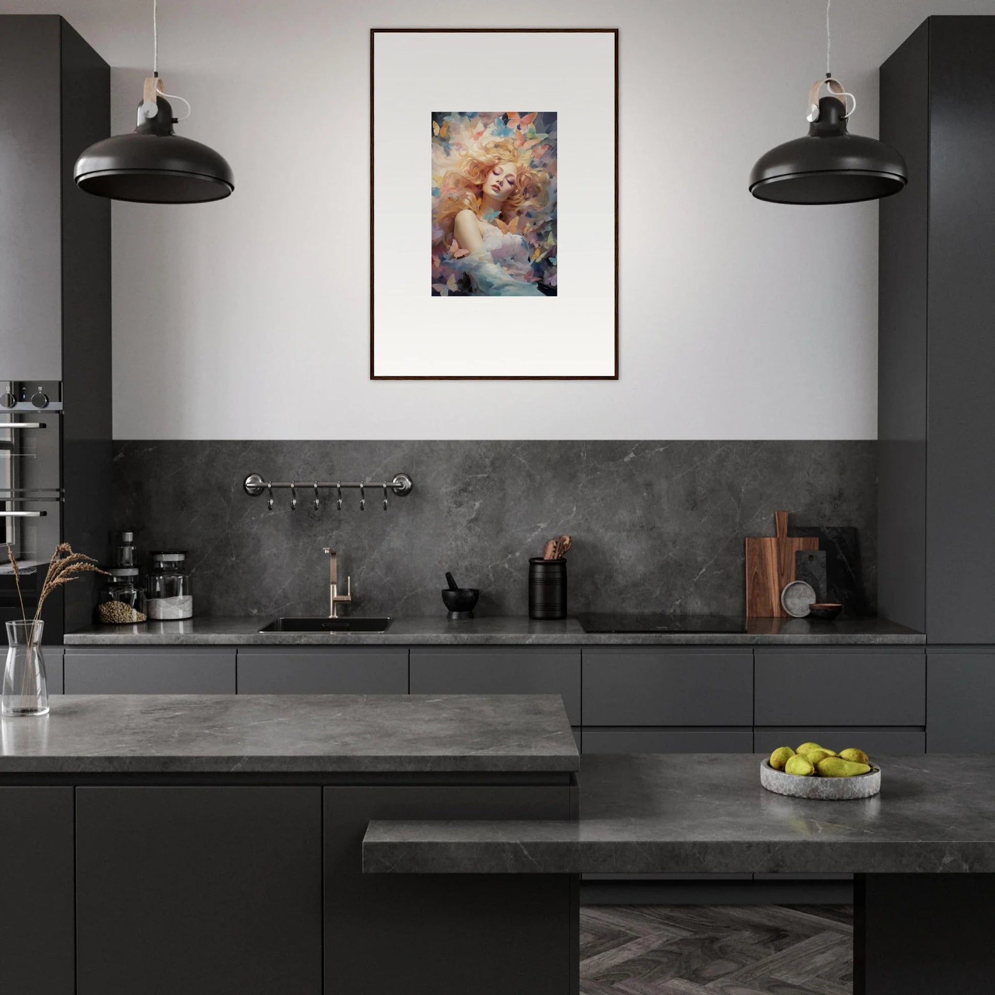 Modern kitchen with dark cabinetry and colorful abstract canvas print as room decor