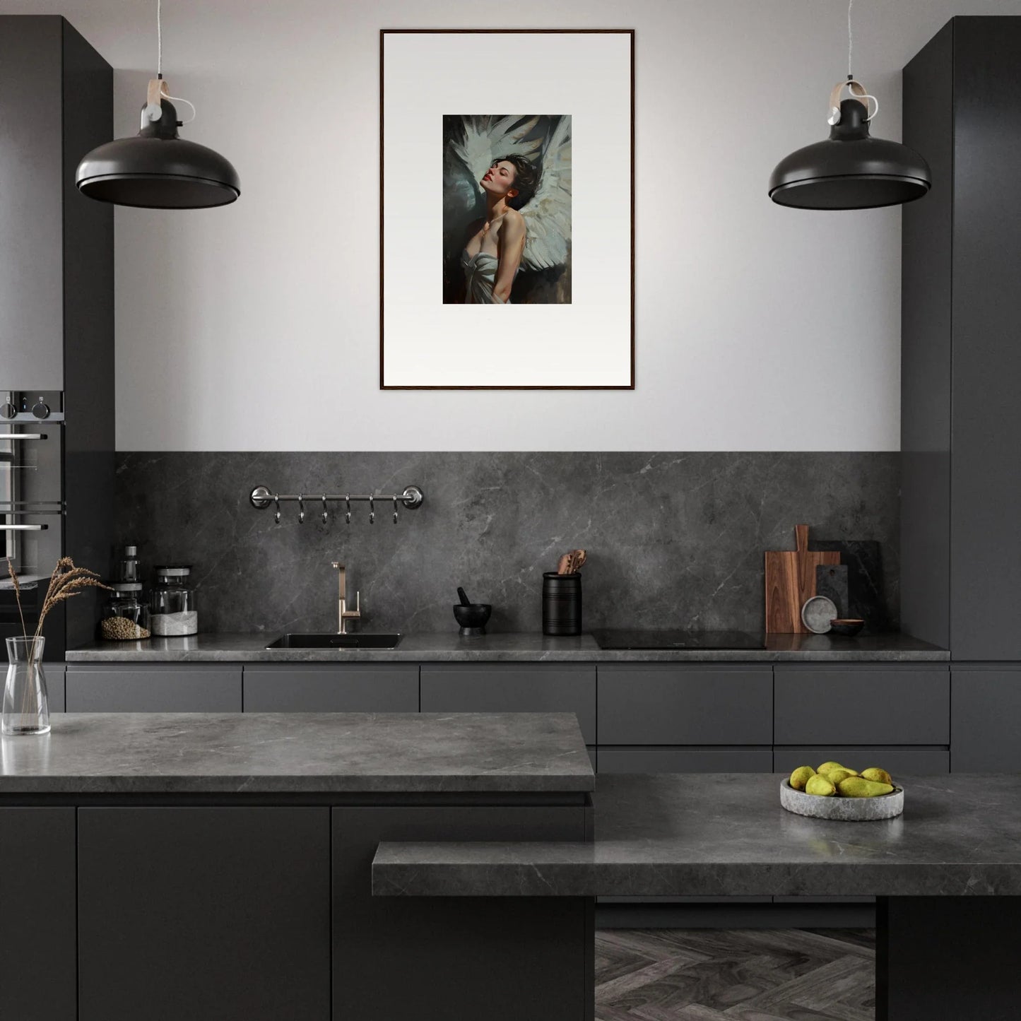 Modern kitchen with dark cabinetry and Feathered Elegance framed wall art for stylish room decor