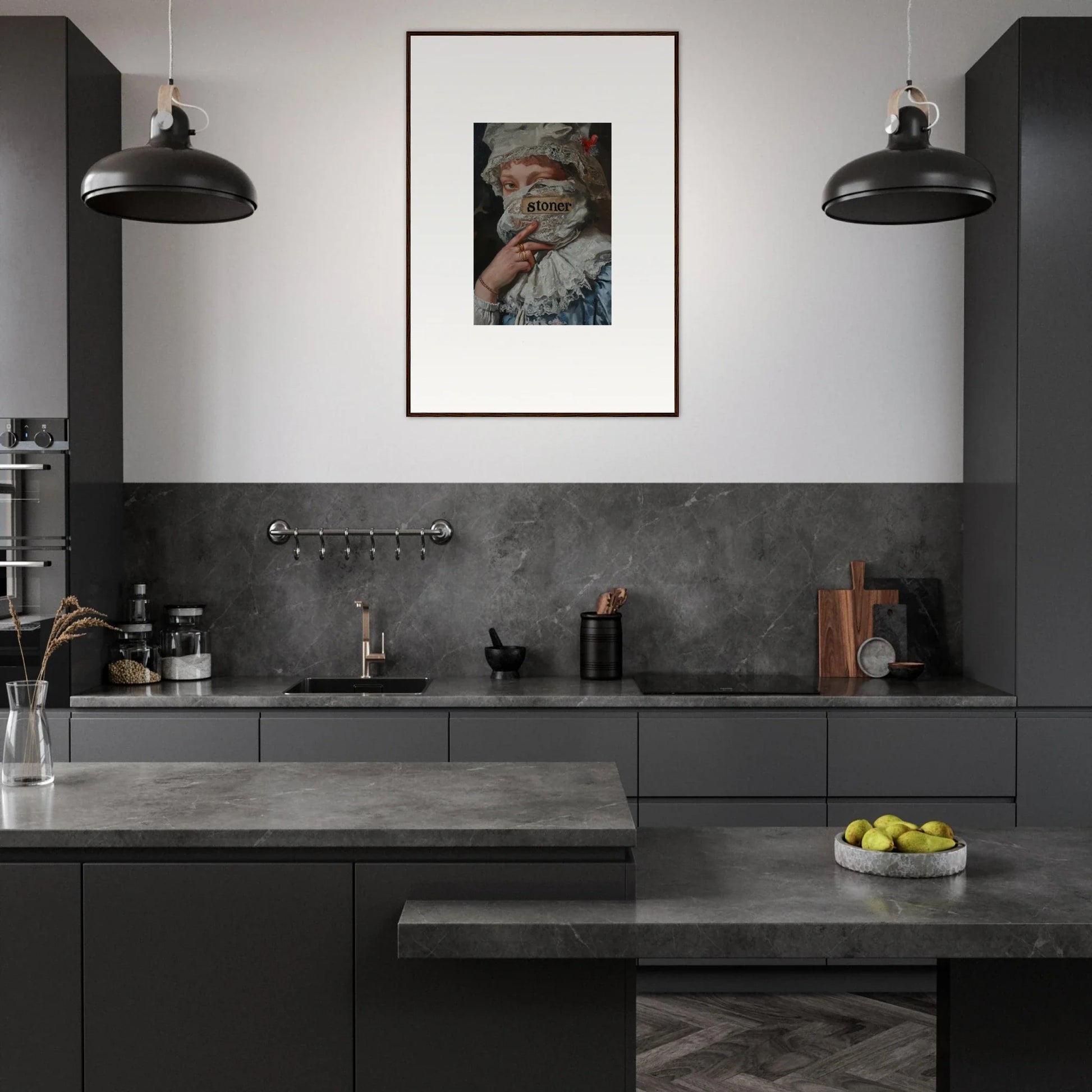 Modern kitchen with dark gray cabinetry, framed wall art, and marvel muse accents